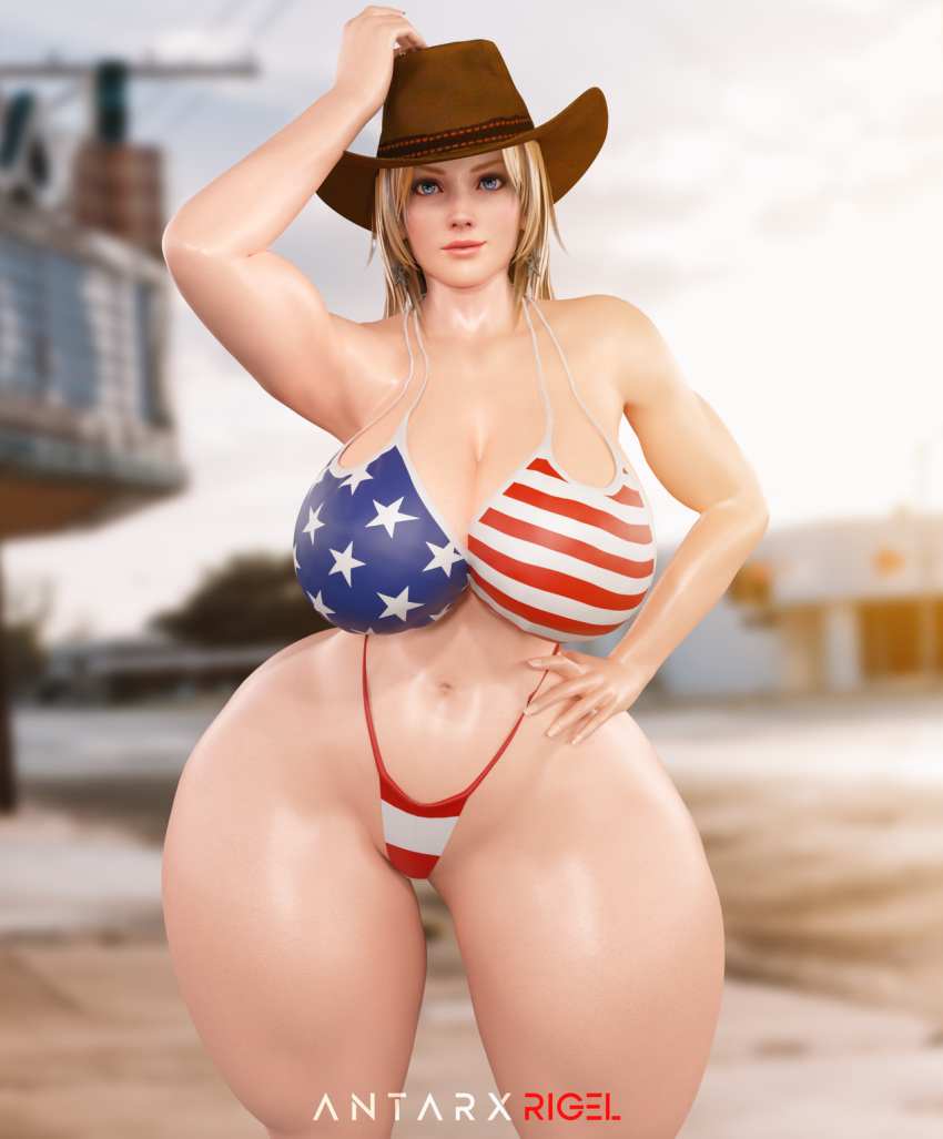 1girls 3d american_flag_bikini antarxrigel big_breasts blonde_hair blue_eyes cleavage cowboy_hat curvaceous curvy_female dead_or_alive eyes female female_focus female_only hair hand_on_head hat huge_breasts huge_thighs light-skinned_female light_skin looking_at_viewer outdoors solo standing thick thick_thighs tina_armstrong venus_body voluptuous voluptuous_female wide_hips woman