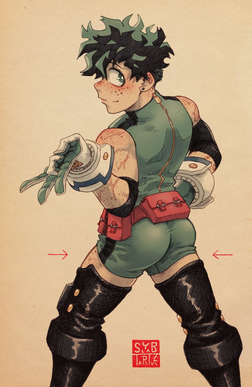 1boy ass boku_no_hero_academia booty_shorts deku femboy freckles freckles_on_face freckles_on_shoulders green_hair hero_outfit_(mha) izuku_midoriya male male_focus male_only midoriya_izuku my_hero_academia scar short_shorts shorts solo solo_male syblatortue thighhighs tight_clothing twink yaoi