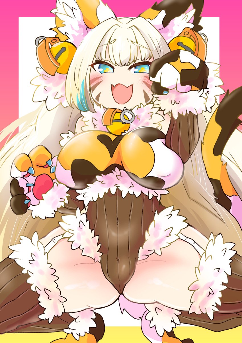 1girls :3d :d animal_ear_fluff animal_ears animal_hands bangs bell blonde_hair blue_eyes blue_hair blush bombergirl breasts cat_ears cat_tail catgirl chase_chase_jokers collar covered_navel covered_nipples elbow_gloves facial_mark fangs female fried_egg_ponzu fur_trim garter_straps gloves hair_ornament konami large_breasts leotard long_hair looking_at_viewer monster monster_girl multicolored_hair neck_bell official_alternate_costume open_mouth orange_leotard paw_gloves paw_pose pine_(bombergirl) pine_(chase_chase_jokers) shortstack skin_fangs smile solo spread_legs squatting symbol-shaped_pupils tail thighhighs tiger_tail transformed very_long_hair whisker_markings