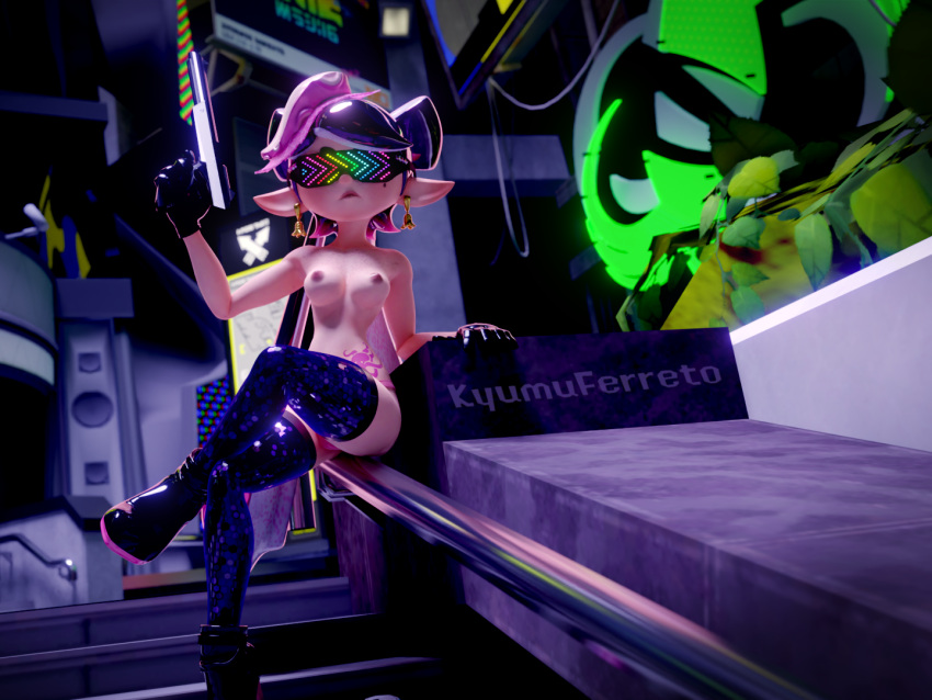 3d 3d_(artwork) blender blender_(software) callie_(splatoon) city female gun hypno_shades_(splatoon) hypnotic_visor inkling kyumuferreto nes_zapper night nintendo octarian_tattoo octo_callie pistol public_nudity solo splatoon splatoon_2 sunglasses tattoo tech_control tinted_eyewear