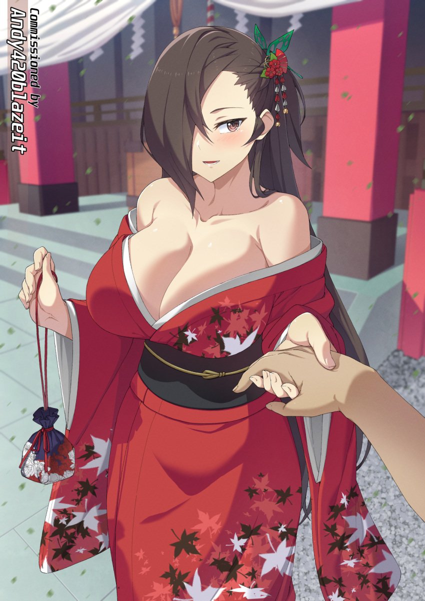 1girls alternate_costume bare_shoulders blushing_at_viewer breasts brown_eyes brown_hair cleavage commission female female_focus female_only fire_emblem fire_emblem_fates grabbing_viewer hair_ornament hair_over_one_eye hand_grab highres holding_viewer japanese_clothes kagero_(fire_emblem) kimono large_breasts long_hair looking_at_viewer lower_teeth_only mzrz nintendo off_shoulder parted_lips ponytail red_kimono shoulders solo teeth very_long_hair