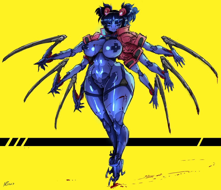 1girls 2d big_breasts cybernetics cyberpunk_2077 female gausscannon goes_hard huge_breasts muffet pasties solo tagme thick_thighs undertale undertale_(series) x_pasties