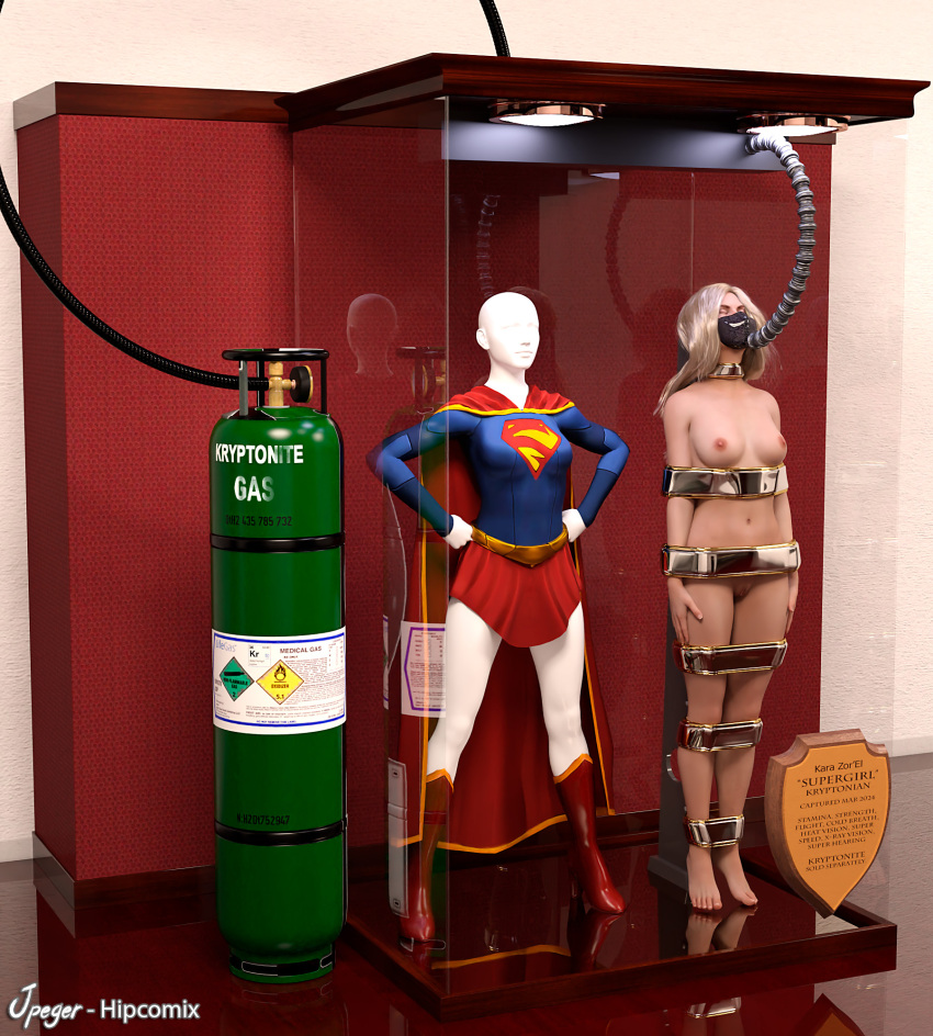 1girls 3d blonde_hair bound bound_arms bound_legs completely_naked completely_naked_female completely_nude completely_nude_female dc dc_comics kara_danvers kara_zor-el mannequin supergirl superman_(series) thejpeger trophy_case