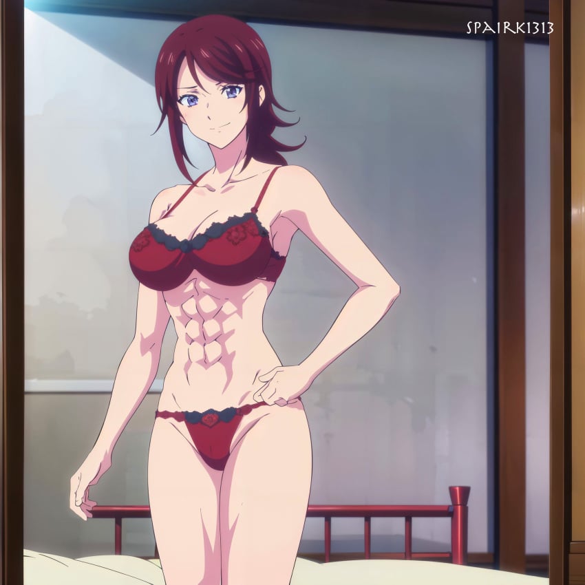 1girls abs acchan_(megami_no_kafeterasu) ai_generated athletic_female bare_legs bedroom blue_eyes bra cleavage female_abs fit_female magenta_hair megami_no_kafeterasu milf muscular panties spairk1313 underwear