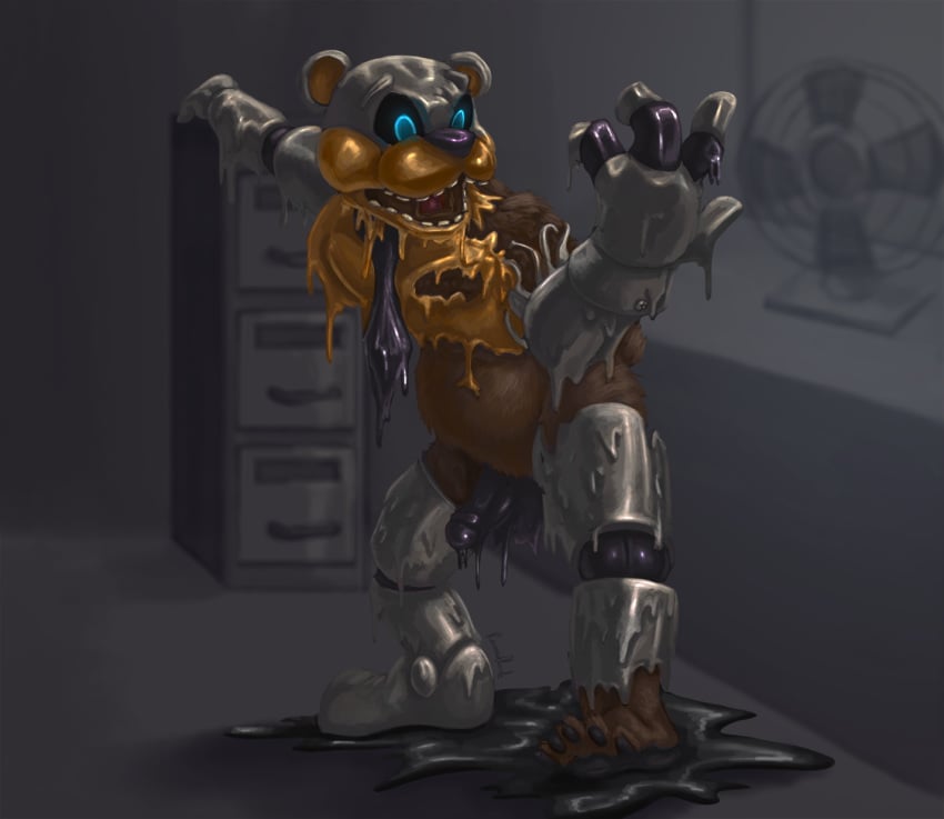 4_fingers animatronic anthro bear clothing fan_character five_nights_at_freddy's freddy_(fnaf) goo_transformation machine male mammal necktie office penis ravensflock robot rotary_fan rubber shiny shocked suit transformation video_games westhoff