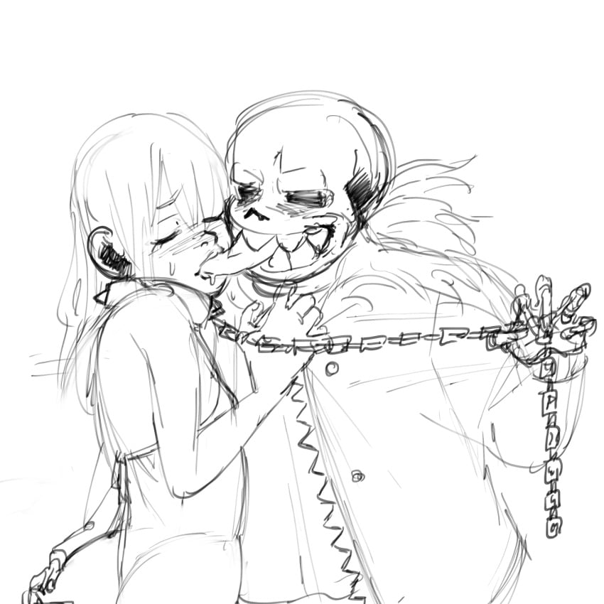 1boy 1girls 2018 2d artist_request black_sclera blush chain_leash closed_eyes collar female french_kiss frisk_au hoodie human humanoid leash leash_pull long_hair long_tongue male monochrome saliva sans sans_au sharp_teeth sketch slave sweating tagme tagme_(artist) tongue_in_mouth underfell underfell_frisk underfell_sans undertale_(series) undertale_au undertale_fanfiction