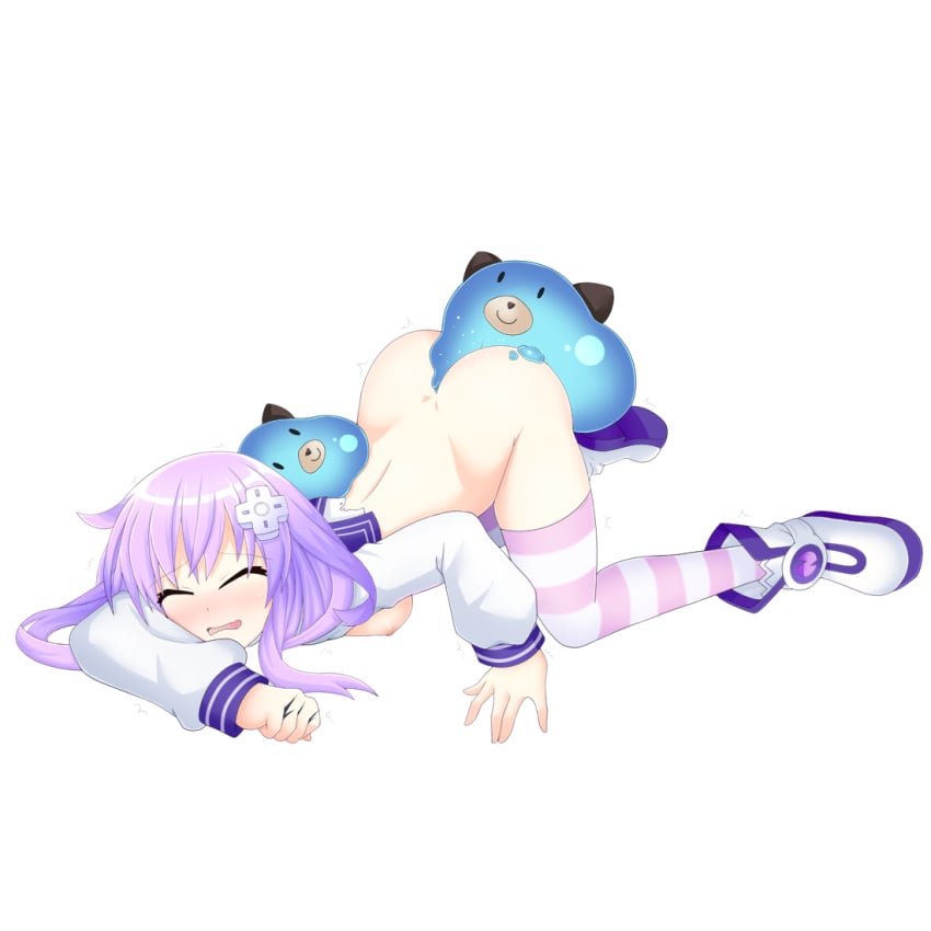 ass between_buttocks blush bottomless breasts closed_eyes clothed_sex clothing creature_inside d-pad d-pad_hair_ornament dimples_of_venus dogoo dress female from_behind full_body hair_ornament interspecies long_hair nepgear neptunia_(series) nipples open_mouth sailor_dress santystuff sex size_difference slime slime_monster small_breasts solo striped striped_legwear thighhighs top-down_bottom-up transparent_background