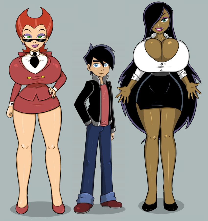 1boy 2girls age_difference black_hair black_skirt blue_eyes breasts bursting_breasts business_suit cleavage curvy danny_fenton danny_phantom dark-skinned_female dark_hair dark_skin desiree eyeshadow female front_view full_body full_cleavage garabatoz grey_background hair_horns hair_over_one_eye hand_on_hip heels height_difference high_heels hourglass_figure huge_breasts impossible_clothes impossible_clothing jacket jeans knees larger_female legs light-skinned_female light-skinned_male light_skin long_hair long_legs male mature_female nickelodeon office_lady pencil_skirt penelope_spectra purple_lipstick red_clothing red_hair red_skirt red_suit short_skirt shorter_male side_slit size_difference skirt smaller_male smile sunglasses tall_female taller_female teacher teacher_and_student thick_thighs thighs thin_waist toony very_long_hair wasp_waist wide_hips