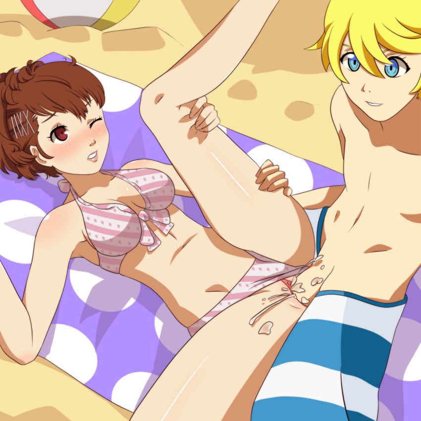 1boy 1girls atlus ball beach beach_ball bikini bikini_aside blonde_hair blue_eyes blush breasts brown_hair clothing cum cum_in_pussy cum_inside duo female female_protagonist_(persona_3) hair kotone_shiomi kuma_(persona_4) legs light-skinned_female light-skinned_male male megami_tensei minako_arisato one_eye_closed outdoors pale-skinned_male penetration penis persona persona_3 persona_3_portable persona_4 red_eyes shorts showers-u spread_legs spreading straight swimsuit teddie thighs vaginal_penetration