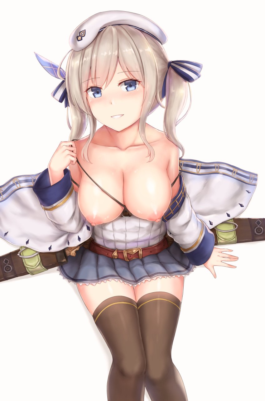 bare_shoulders beltskirt beret blue_eyes blue_skirt breasts breasts_out cai_geng collarbone cucouroux_(granblue_fantasy) female granblue_fantasy grey_hair hat highres large_breasts miniskirt nipples sitting_down skirt solo thighhighs topless