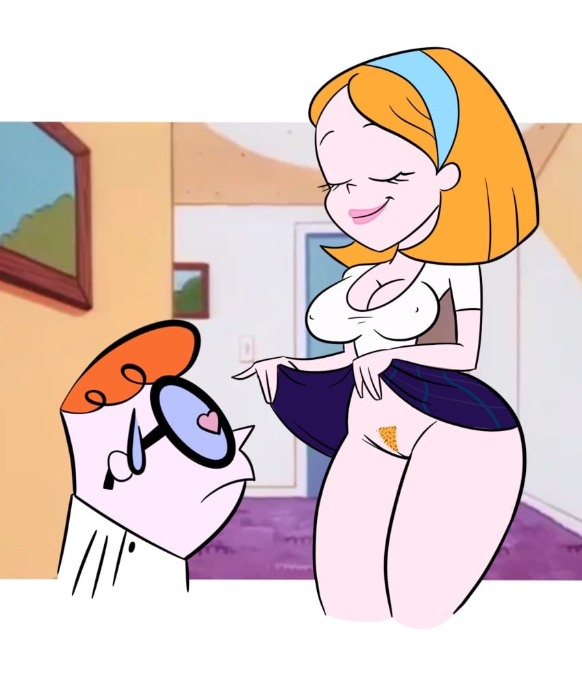 blue_hairband breasts cleavage dexter dexter's_laboratory eyelashes glasses going_commando hairband heart-shaped_pupils lifted_by_self lifting_skirt lisa_the_babysitter no_panties pizzalazerbot pubic_hair red_hair showing_pussy skirt skirt_lift skirt_up