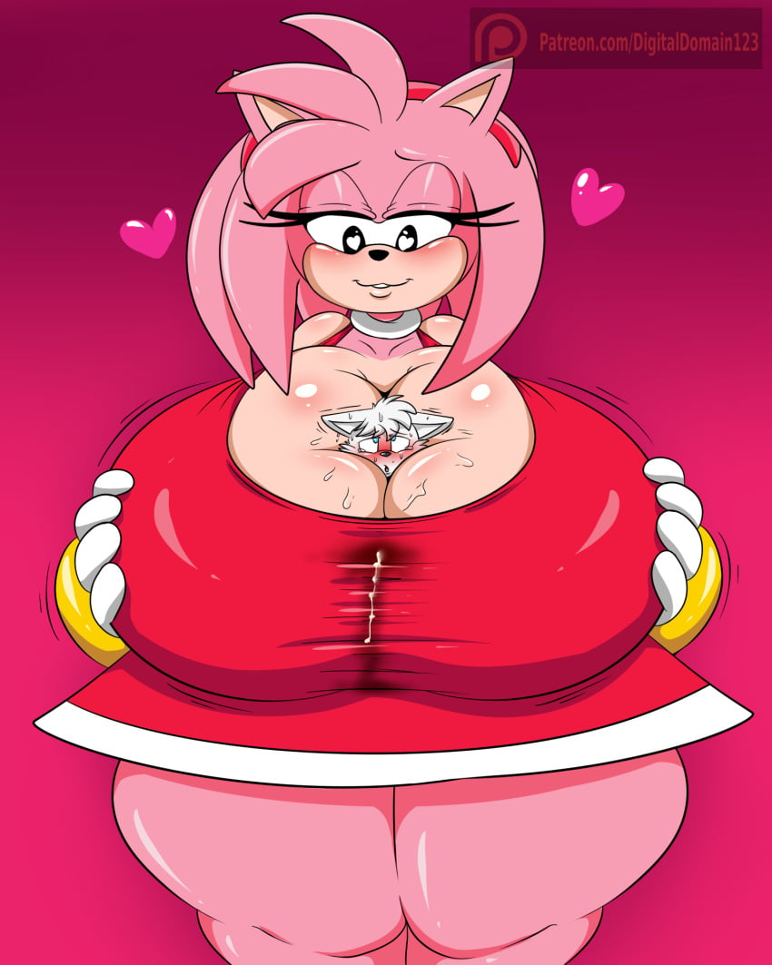 2018 amy_rose anthro artie between_breasts big_breasts blush breast_smother breast_squish breasts clothed clothed_sex clothing clothing_entrapment conditional_dnp digitaldomain123 domination female femdom giantess highres huge_breasts hyper hyper_breasts larger_female male sandwiched sega shared_clothes size_difference smaller_male smothering sonic_(series) straight text url watermark