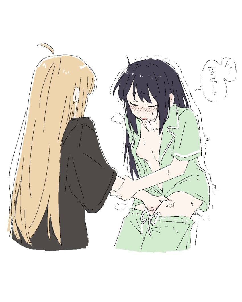 2girls ahoge black_hair black_shirt blush breasts cho_kaguya-hime! closed_eyes clothes_pull commentary fingering grabbing_another's_arm green_shirt highres kaguya_(cho_kaguya-hime!) long_hair marucho_(nagamemaru) medium_breasts multiple_girls open_clothes open_mouth open_shirt sakayori_iroha shirt shorts shorts_pull sidelocks simple_background translation_request white_background yuri
