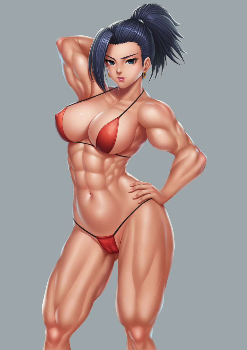 1girls abs black_eyes black_hair breasts dark-skinned_female dark_skin dragon_ball dragon_ball_super earrings female female_only kale looking_at_viewer muscles muscular_female onewasho ponytail red_bikini saiyan short_hair solo spiky_hair thick_thighs veins