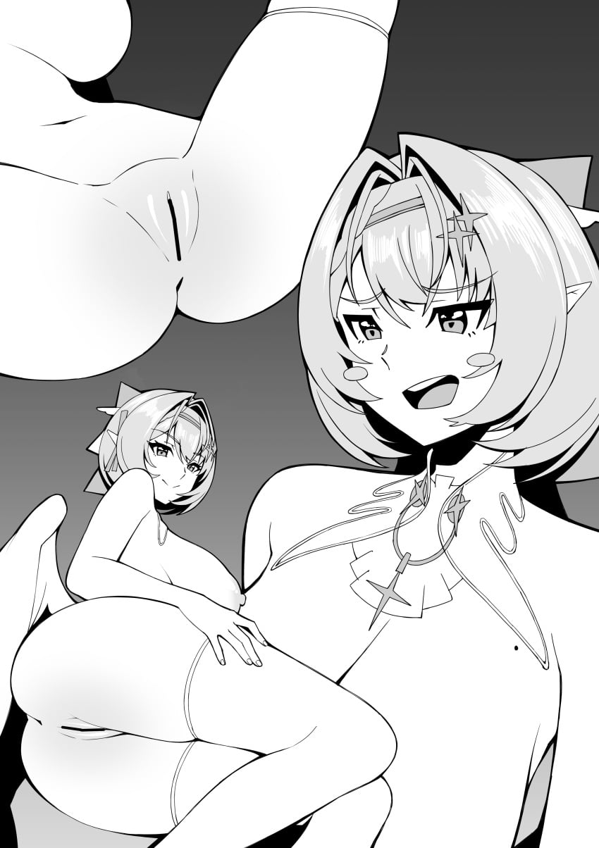 1girl absurdres anus ass bar_censor breasts censored commentary_request greyscale hair_intakes highres huge_breasts looking_at_viewer lying medium_hair monochrome multiple_views nipples on_side open_mouth pointy_ears pussy remielle_dan smile spread_legs takimoto_rumina thighhighs_pull wings zenless_zone_zero