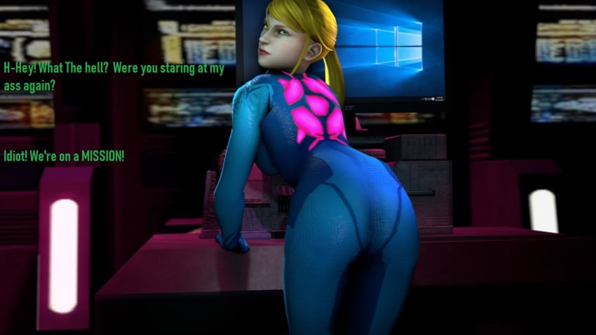 3d angry angry_eyes blonde_hair bodysuit dat_ass dialogue falcosfm green_eyes looking_at_viewer metroid nintendo ponytail samus_aran source_filmmaker tsundere zero_suit_samus