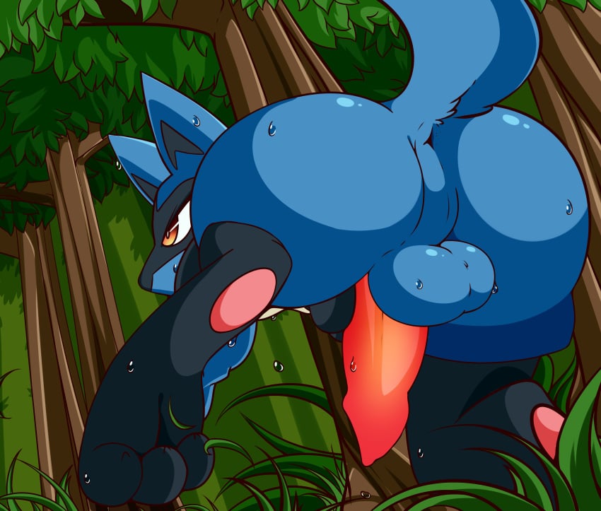 1boy 2018 3_toes animal_genitalia animal_penis anthro anus ass big_ass big_ears big_penis big_testicles black_fur blue_fur canine canine_penis claws erection feet forest fur furry grass huge_ass large_ass leg_up looking_away lucario male male_only mammal nintendo nude orange_eyes outdoors pawpads paws penis perineum pokemon pokemon_(species) pokemon_dppt sagemerric solo standing sweat tail testicles thick_penis thick_thighs toe_claws toes tree video_games wet wide_hips yaoi yellow_fur