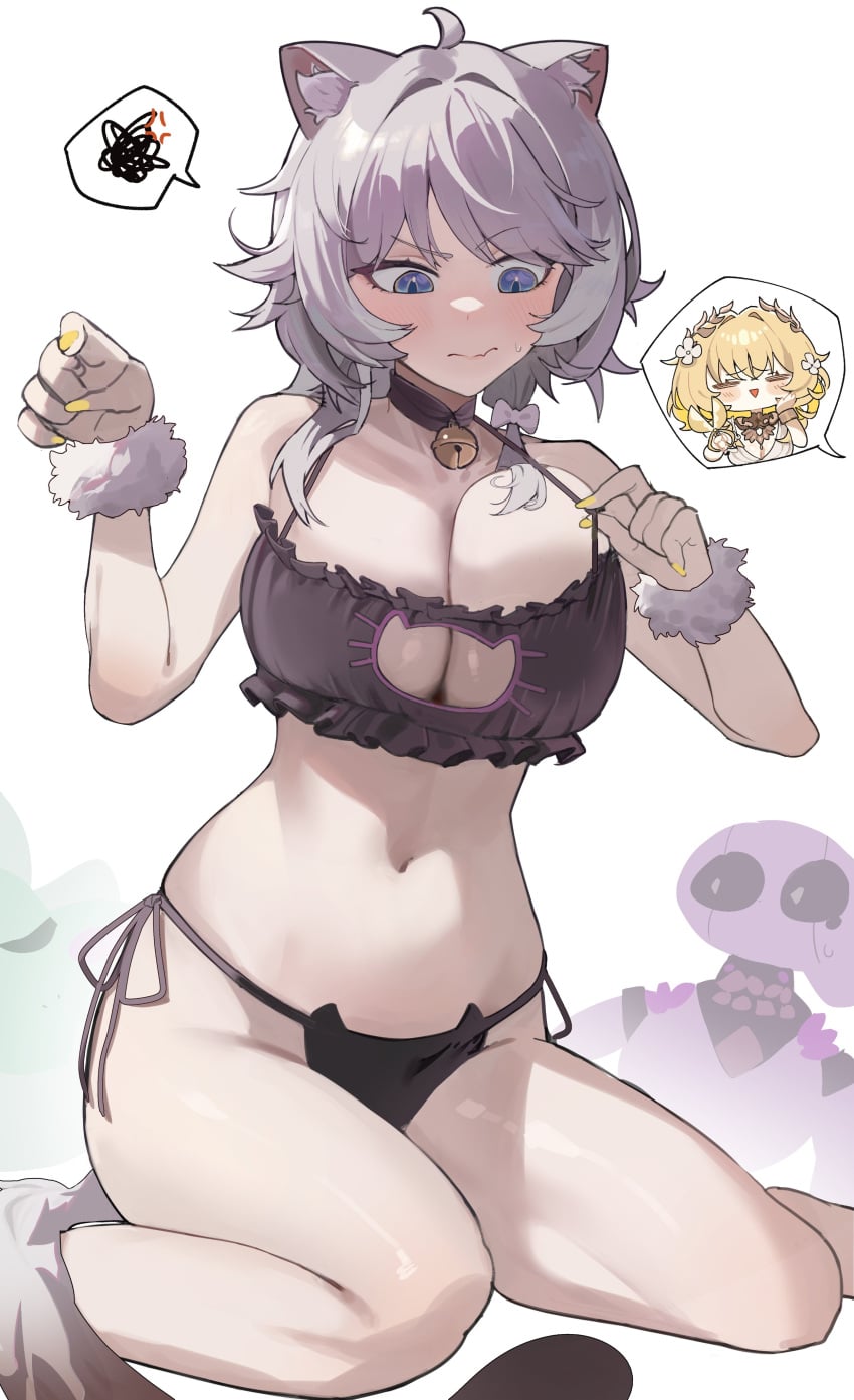1girls aglaea_(honkai:_star_rail) ahoge anger_symbol angry animal_ear_fluff animal_ears annoyed barely_contained bell bell_collar belly belly_button big_breasts bikini bikini_pull black_bra blue_eyes blush blush_lines blushing_female bra bra_pull breasts breasts_too_big bursting_breasts cat_bell cat_bikini cat_bra cat_collar cat_cutout cat_ear_panties cat_ears cat_girl cat_keyhole_bra cat_lingerie cat_tail catgirl cipher_(honkai:_star_rail) cleavage cleavage_cutout clothing_cutout clothing_pull collar collar_bell curryman_(curryman06) dressing_up ear_fluff embarrassed embarrassed_female exposed_midriff female female_only fit fit_female gold_fingernails gold_nails gray_hair grey_hair hair_ribbon half_naked highres honkai:_star_rail honkai_(series) hourglass_figure huge_breasts inconvenient_breasts large_breasts light-skinned_female light_skin lingerie lingerie_only looking_at_own_breasts looking_down looking_down_at_breasts looking_down_at_self midriff multicolored_hair navel neck_bell neckwear panties pulling_bra pulling_clothing pulling_own_clothes raised_eyebrow scrunchie short_hair_with_long_locks side-tie_panties silver_hair simple_background sitting solo solo_female spirithief_bartholos spoken_anger_vein spoken_squiggle squiggle stomach streaked_hair struggling_to_fit swimsuit tail thighs thought_bubble top_pull trying_on_clothes undersized_clothes undersized_clothing underwear wariza white_background white_hair white_ribbon white_streak white_streaks wrist_scrunchie yellow_fingernails yellow_nails