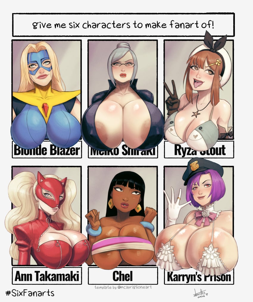 6girls ann_takamaki atelier_(series) big_breasts black_hair blonde_blazer blonde_hair breasts chel cleavage clothed clothing crossover dark-skinned_female dark_skin devil_hs dispatch_(game) ear_piercing eastern_and_western_character female female_only glasses grey_hair huge_breasts karryn karryn's_prison karryn_(karryn's_prison) large_breasts light_skin light_skinned_female long_hair megami_tensei multiple_girls peaked_cap persona persona_5 prison_school purple_hair reisalin_stout shiraki_meiko six_fanarts_challenge the_road_to_el_dorado twintails