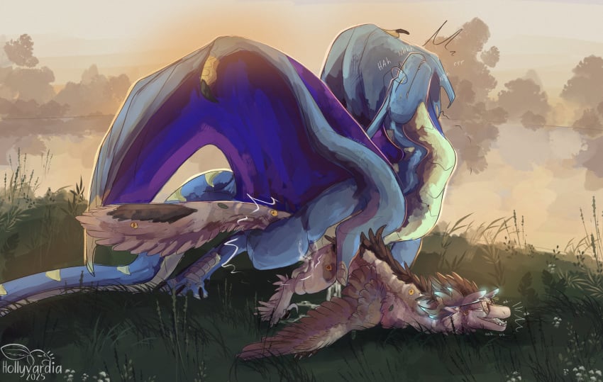 ambiguous_penetration black_claws blue_body blue_scales bodily_fluids brown_body brown_feathers claws cum deinonychus dinosaur dragon dromaeosaurid duo feathered_dinosaur feathered_scalie feathers female feral genital_fluids grass hi_res hollyvardia hollyvardia_(character) looking_pleasured male male/female mythological_creature mythological_scalie mythology penetration plant prehistoric_species reptile scales scalie theropod