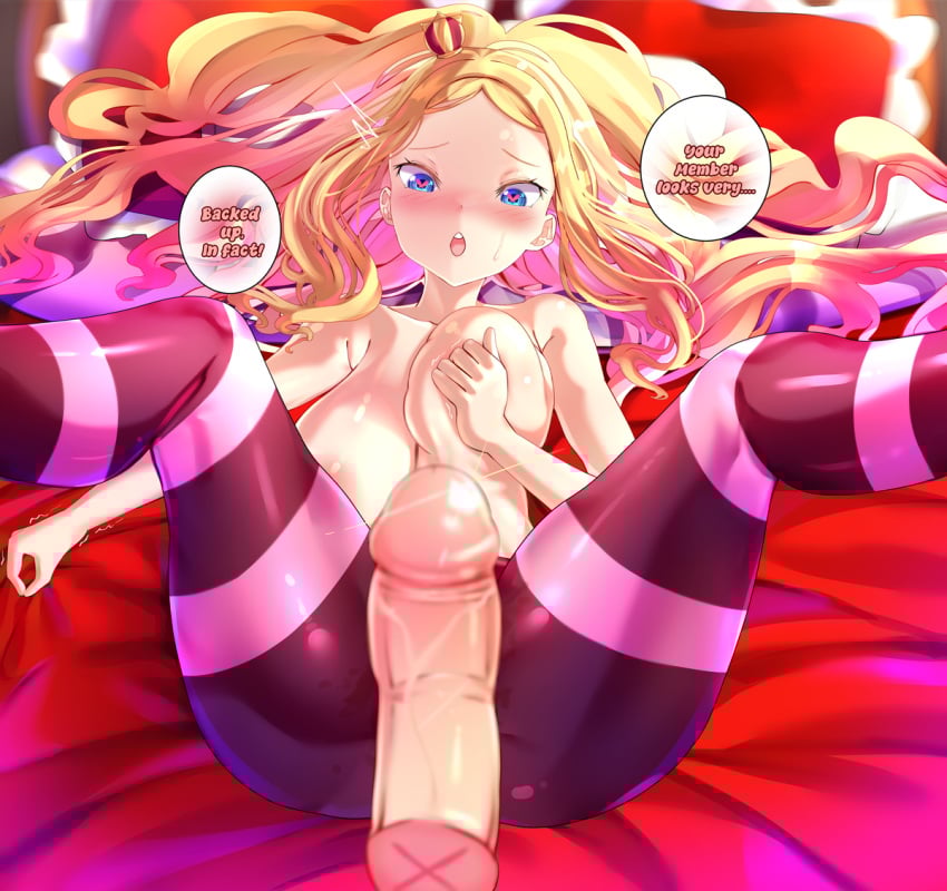 aged_up alternate_breast_size beatrice_(re:zero) bed blonde_hair blue_eyes blush breasts clothing crown english_language english_text female female grabbing_own_breast imminent_sex large_breasts legwear long_hair looking_at_viewer lying mini_crown nipples on_back on_bed pantyhose pillow pov re:zero_kara_hajimeru_isekai_seikatsu self_fondle sidelocks spread_legs striped striped_clothes striped_pantyhose symbol-shaped_pupils text topless torn_clothes vagina