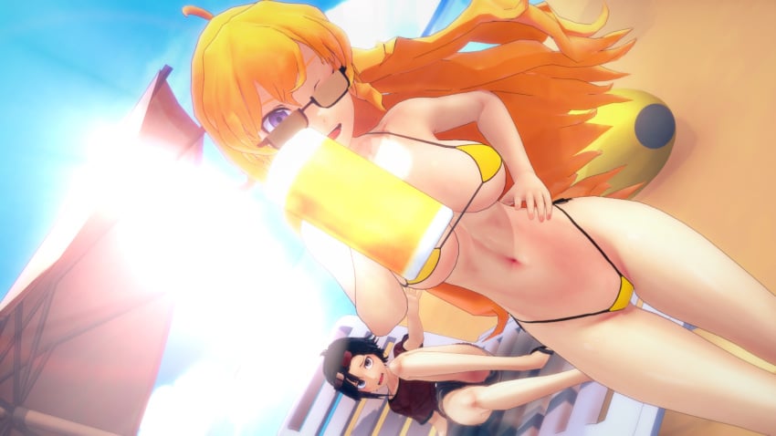 2girls 3d beer beer_mug big_breasts black_hair blonde_hair breasts busty cleavage denim_shorts feet female female_only grey_eyes hi_res large_breasts legs looking_at_viewer looking_over_eyewear looking_over_sunglasses navel open_mouth pose posing purple_eyes ruby_rose rwby shirt short_hair shorts side-tie_bikini sisters sitting solo sunglasses teeth thighs thong_bikini tinted_eyewear toned tongue very_long_hair wink yang_xiao_long yellow_bikini