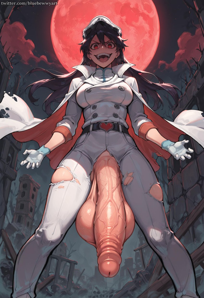 1futa 1girls ai_generated balls bambietta_basterbine black_hair bleach bleach:_the_thousand-year_blood_war bluebewwy cape crazy empty_eyes erection evil_smile female flaccid from_below futanari huge_balls huge_cock intersex laugh long_hair looking_at_viewer moon night penis pose red_eyes red_moon ruins sadistic solo standing teeth testicles tongue torn_clothes uniform veiny_penis