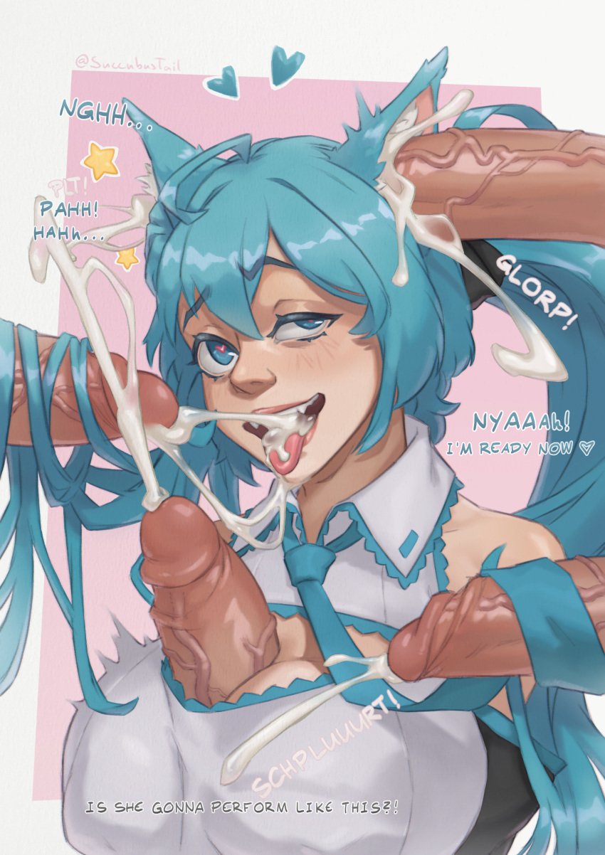 ahe_gao blue_eyes blue_hair boob_window cat_ears catgirl cum cum_in_ear cum_in_mouth cumshot disembodied_penis ear_fuck ear_penetration fangs gangbang hatsune_miku heart-shaped_pupils huge_breasts huge_cock offscreen_male penis ponytail ribbon succubustail text tie titjob tongue_out twintails vocaloid