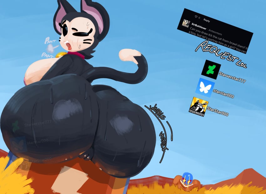 2025 absurd_res anthro areola being_watched black_eyes bluesky_logo bodily_fluids bottomwear brawl_stars breasts clothing day deviantart deviantart_logo domestic_cat duo english_text eyebrows eyelashes felid feline felis female genitals grey_text hi_res human kit_(brawl_stars) looking_at_another male mammal motion_lines mtf_crossgender newgrounds_logo nipples nude one_eye_closed outside pants pussy rear_view rule_63 shadow sitting sky sound_effects sparkles sparkling_eyes starstar000 starverstar000 supercell_(company) sweat sweatdrop tail text white_text