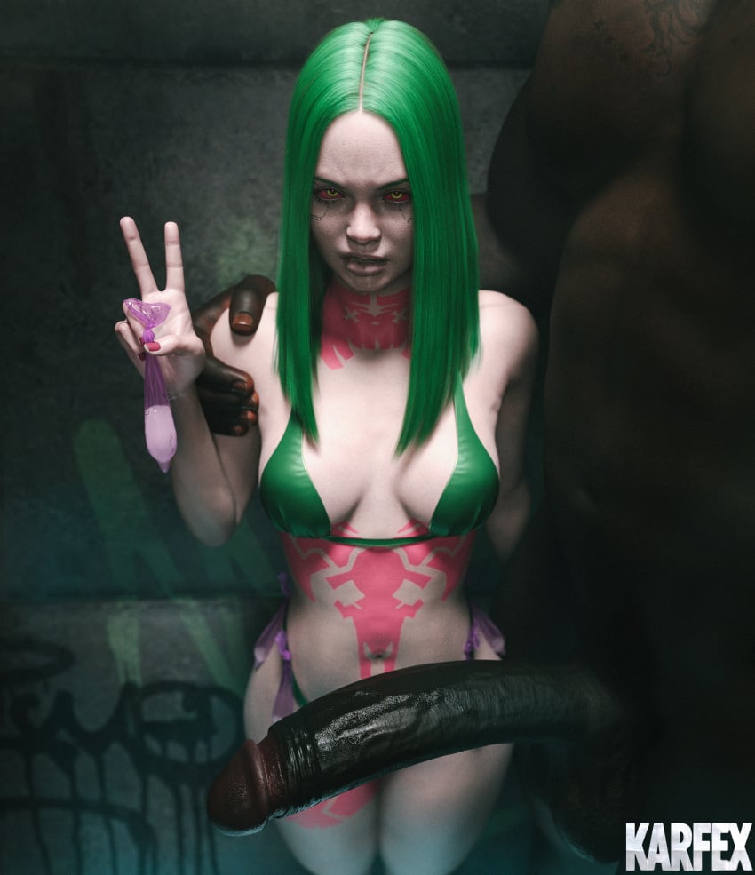 1boy 1boy1girl 1girls 3d after_fellatio after_sex barefoot condom condom_belt cosplay cybernetics cyberpunk cyberpunk:_edgerunners cyberpunk_2077 dark-skinned_male dark_skin female green_hair hairy hairy_male holding_condom holding_object holding_used_condom huge_cock huge_penis interracial karfex light-skinned_female light_skin looking_at_viewer male male/female peace_sign realistic rebecca_(edgerunners) size_difference slim small_breasts tattoo tattoos used_condom used_condoms v