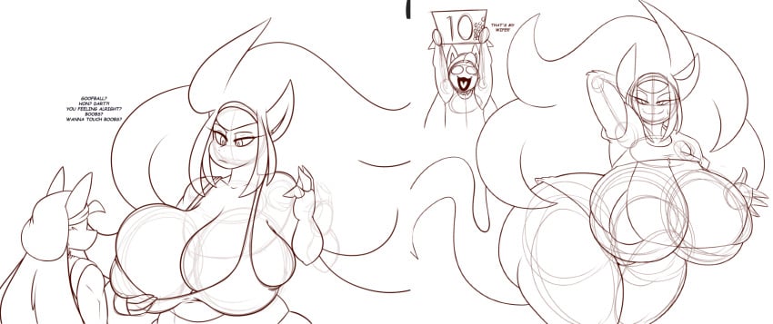 anthro big_breasts black_and_white boobs?_wanna_touch_boobs? breasts cleavage dart(dewwydartz) dewwydarts dewwydartz english_text female furry huge_breasts lucario meme monochrome nea(dewwydartz) pokemon pokemon_(species) sketch zoroark