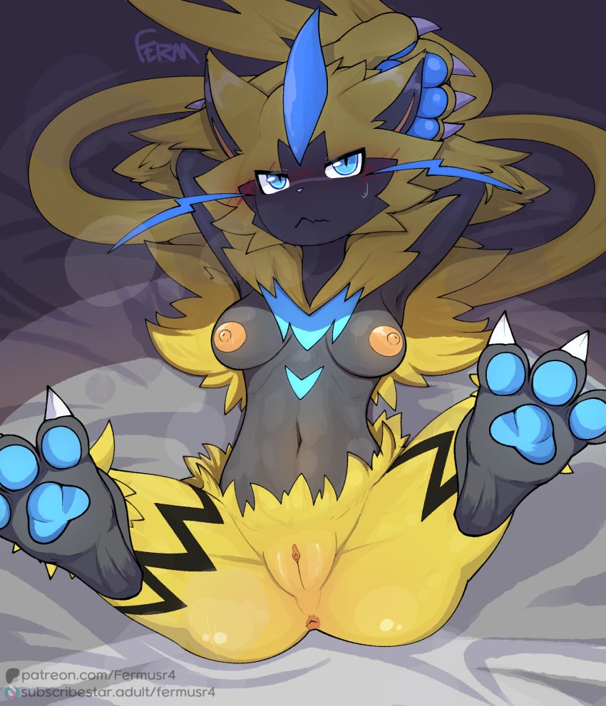 anthro anus areola biped black_body blue_body blue_eyes blush bodily_fluids breasts digital_drawing_(artwork) digital_media_(artwork) female fermusieboir4 fur generation_7_pokemon genitals hi_res legendary_pokemon legs_up lying mouth_closed multicolored_body navel nintendo nipples on_back pawpads pokemon pokemon_(species) pupils pussy shaded solo sweat sweatdrop text url yellow_body yellow_fur zeraora