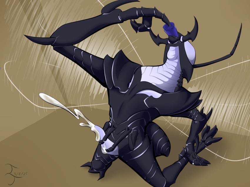 4:3 absurd_res anthro arthropod beru_(solo_leveling) black_body bodily_fluids cum ejaculation genital_fluids glowing glowing_markings hi_res illogicaljumble insects kneeling male markings masturbation motion_lines multi_arm multi_limb neck_bulge oral oral_penetration penetration sex_toy signature simple_background solo spread_wings wings