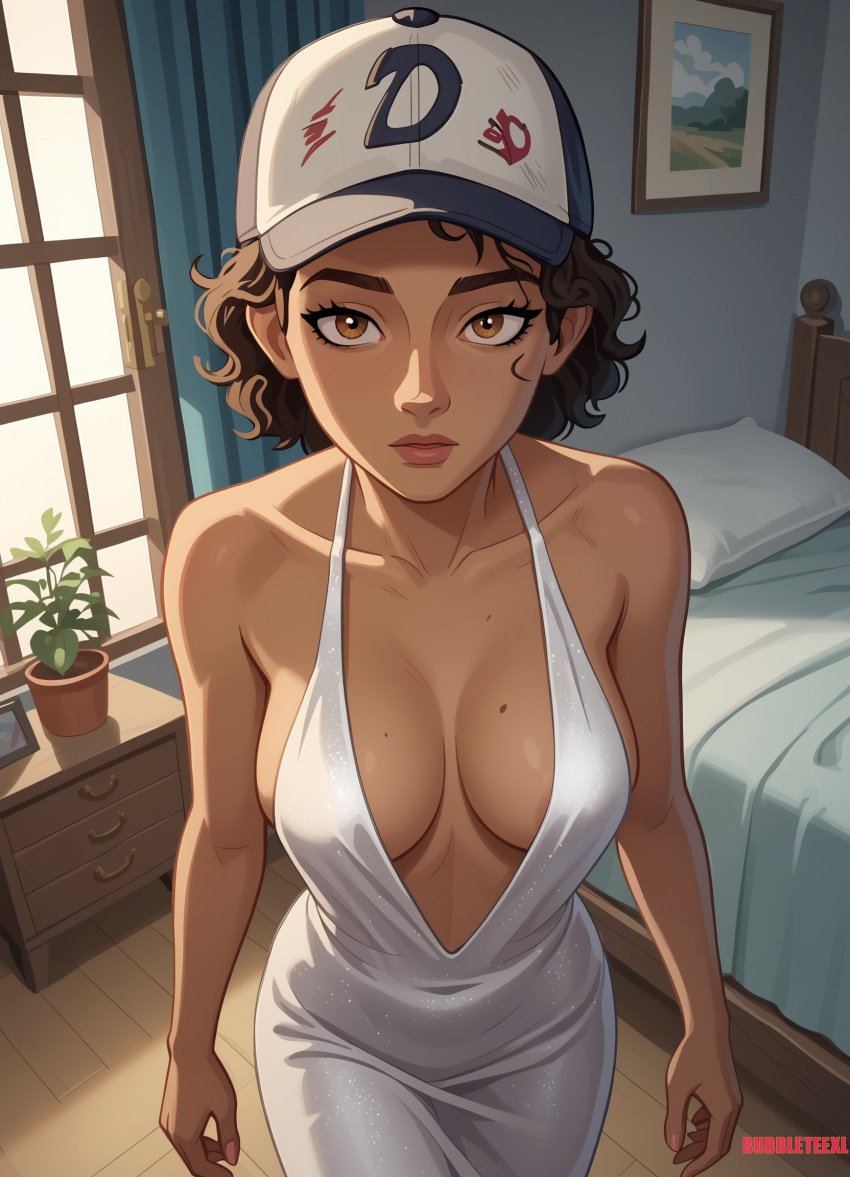 1girls 2d ai_assisted ai_generated anime_style baseball_cap cap cleavage clementine clementine_(the_walking_dead) dark-skinned_female dark_skin dress female game hat medium_breasts petite skinny standing telltale_games the_walking_dead the_walking_dead_game