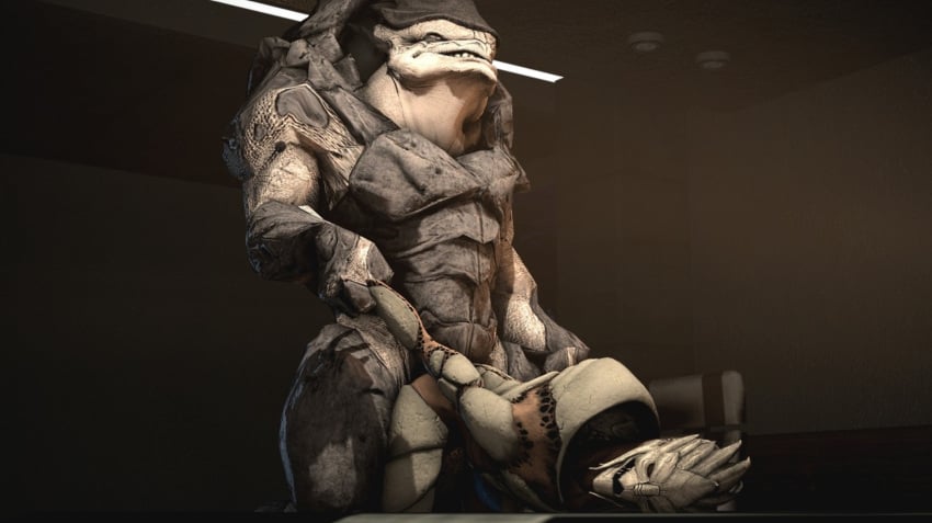 3d 3d_(artwork) alien anal anal_sex arm_grab bent_over cigar domination eradossfm gay holding_arms krogan male male_dominating mass_effect muscular muscular_male penetration prison_guard_position submissive_male turian video_games yaoi