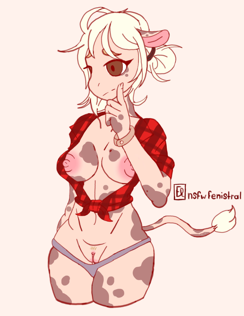 1girls abs anthro bovine breasts cattle clothes female female_only furry lea_(nsfwfenistral) mammal milkiipetals original_character plaid_shirt pubic_hair pussy solo text watermark wide_hips