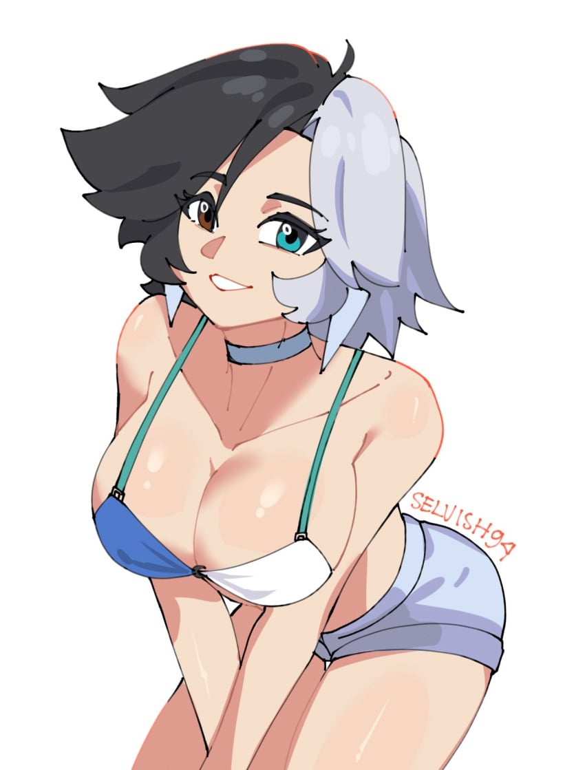 1girls 2025 bent_forward bent_over bikini bikini_top black_hair blue_bikini_top blue_eyes breasts brown_eyes choker cleavage female female_only luna_snow luna_snow_(marvel_rivals) marvel marvel_comics marvel_rivals multicolored_eyes multicolored_hair selvish94 short_hair short_shorts shorts thighs white_background white_bikini_top white_hair