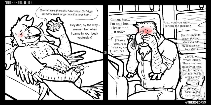 age_difference anthro avian backpack balls beak beak_scar bed belly belt bird black_line_art blush blush_lines blushing_profusely bodily_fluids bottomwear bulge bus bus_seat cellphone cerdeorhys clothing comic commercial_vehicle corvid corvus_(genus) dot_eyes dripping duo electronics english_text erection father_(lore) father_and_child_(lore) father_and_son_(lore) feather_beard feather_hair feathers furniture genital_fluids genitals gonzalo_(cerdeorhys) hernan_(cerdeorhys) hi_res humanoid incest_(lore) line_art male male/male masturbation nervous nervous_sweat nipples nude oscine pants parent_(lore) parent_and_child_(lore) parent_and_son_(lore) passerine penile penile_masturbation penis phone phone_sex pillow precum precum_drip pseudo_hair raven simple_eyes smile son_(lore) sweat text two_panel_image vehicle window