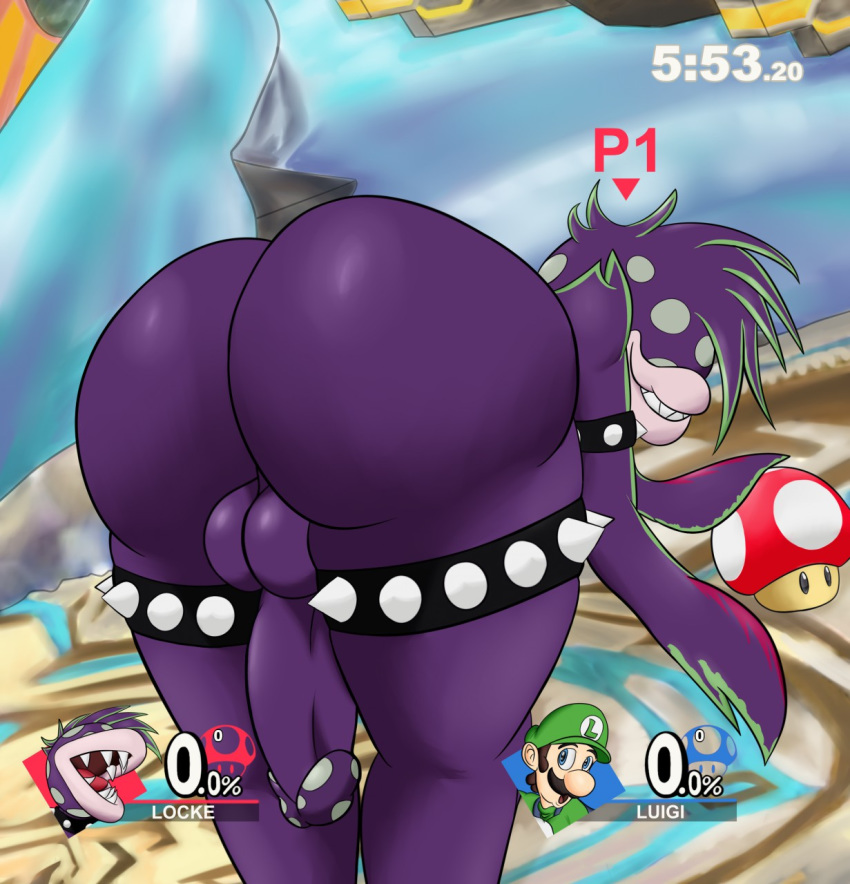 2boys ass battlefield_(super_smash_bros) bent_over big_ass femboy flora_fauna gameplay_mechanics girly goth hud locke_(r-a-s-p) looking_at_viewer looking_back luigi male male_only mario_(series) mohawk multiple_boys mushroom nintendo nude original_character outdoors penis piranha_plant plant r-a-s-p_(artist) smile stairfacts super_mario_bros. super_smash_bros. testicles text thick_thighs timer video_games wide_hips