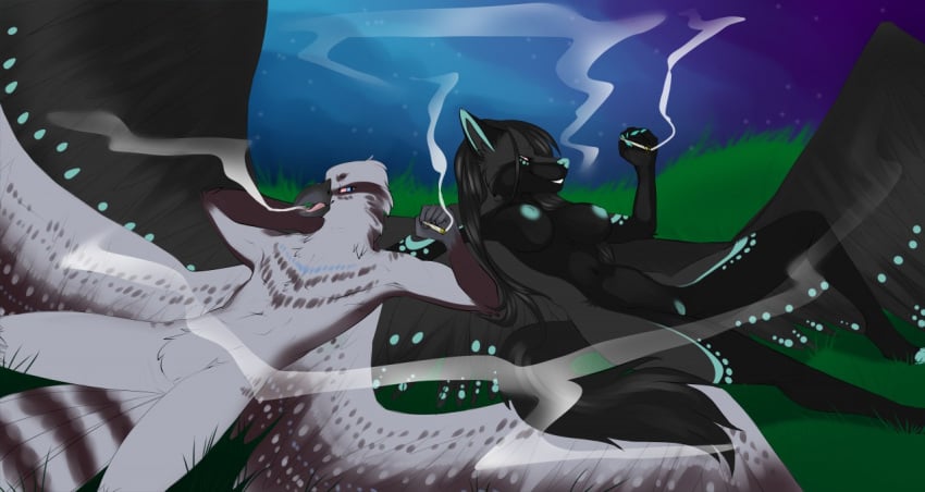 anthro avian bird black_body black_fur black_hair blue_eyes breasts canid canine canis drugs duo feathers female fur genitals grass hair kittentits looking_at_another lying lying_on_ground male mammal marijuana night nude on_back on_ground outside plant pussy smoking stoned substance_intoxication white_body white_feathers wolf