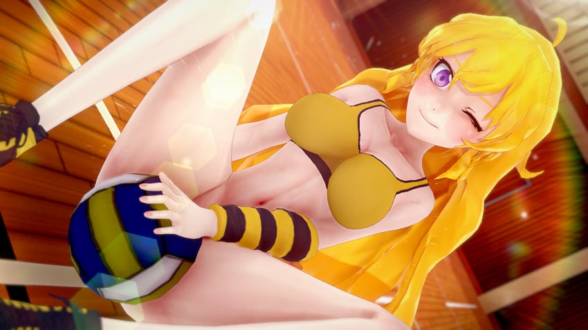 1girls 3d big_breasts blonde_hair bottomless breasts busty cleavage covering covering_crotch female female_only hi_res large_breasts looking_at_viewer pose posing purple_eyes rwby sitting smile solo sports_bra teasing very_long_hair volleyball wink yang_xiao_long