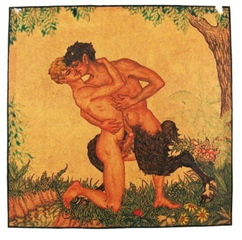 barefoot blonde_hair boner brown_fur brown_hair daisy duo embrace erection eyes_closed fictional_interracial flowers gay hairy hairy_legs horns_and_hooves human interspecies kissing male male/male male_on_male male_only outdoors penis penises_touching plants pubic_hair satyr stream tree