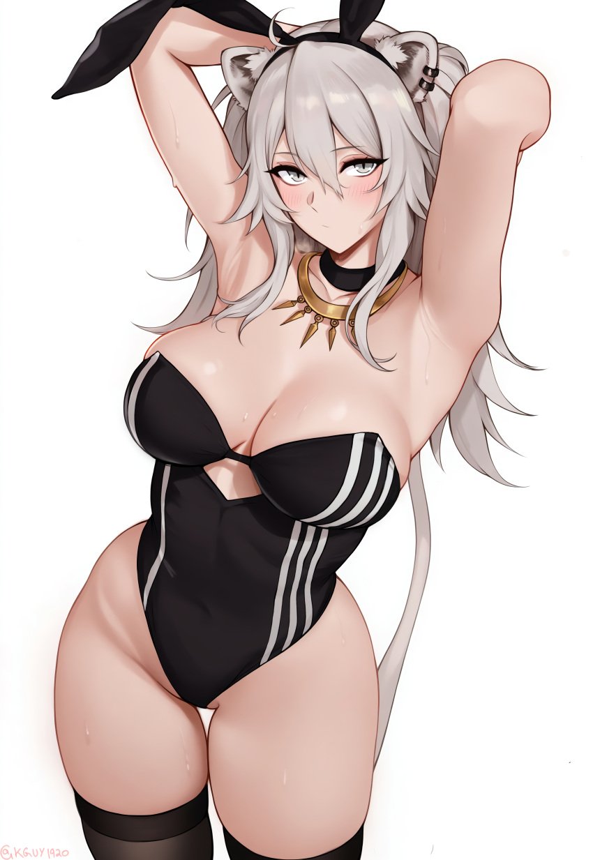 armpits arms_behind_back arms_behind_head arms_up big_breasts black_bunnysuit black_long_socks black_socks breasts breath_cloud breathing bunny_ears bunnysuit fake_bunny_ears fake_rabbit_ears female female_focus female_only golden_necklace high_quality highres hololive hololive_gen_5 hololive_japan kguy1920 light-skinned_female light_skin lion lion_ears lion_girl lion_tail lioness long_hair long_socks looking_at_viewer necklace sexy_body sexy_pose shishiro_botan socks sweat sweatdrop thick_thighs thighs upscaled waifu2x white_eyes white_hair white_lion white_long_hair white_stripes white_stripes_bunnysuit