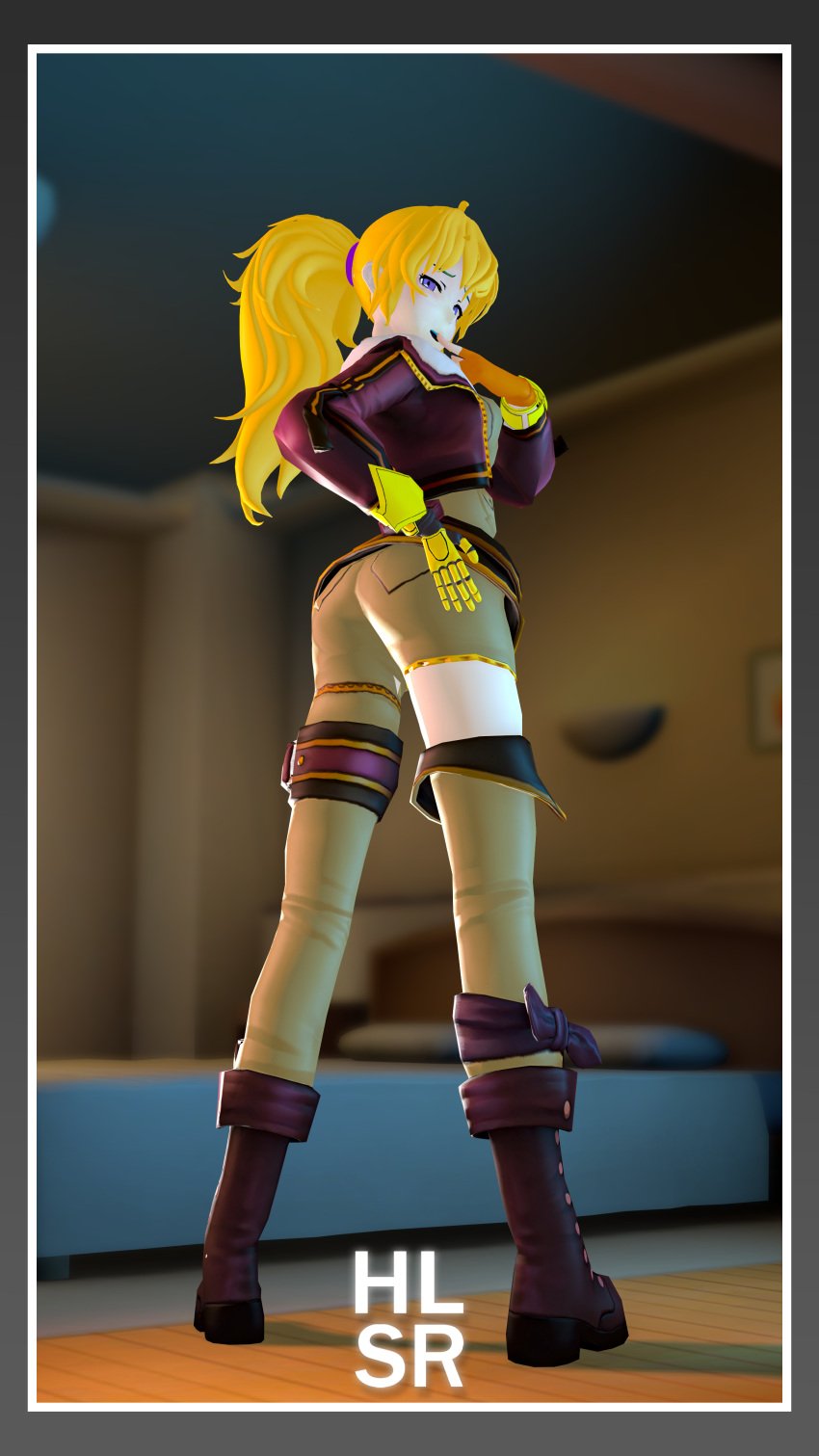 1girls 3d alternate_hairstyle ass big_ass big_breasts blonde_hair breasts busty female female_only finger_to_mouth fingerless_gloves gloves half-closed_eyes hand_on_ass hand_on_own_ass hi_res jacket large_breasts legs naughty_face open_jacket open_mouth ponytail pose posing purple_eyes rwby sexy sexy_pose smile solo teeth thighs yang_xiao_long