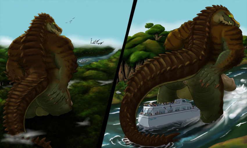 5:3 abs anal anthro anus ass balls bodily_fluids carnak_(carpo) claws crocodile crocodilian cum cumshot detailed_background ejaculation erection finger_claws forest genital_fluids genitals green_body green_eyes humanoid_genitalia humanoid_penis immortal_degeneracy macro male micro micro_human muscular muscular_anthro muscular_male nude outside penile penis plant pyronite(commissioner) reptile river scalie ship sky smile solo tail teeth tree vehicle watercraft