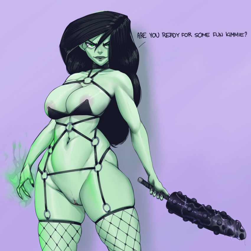atomiccreep female female_only fishnets garter_straps green_skin kim_possible lingerie sex_toy shego solo_female