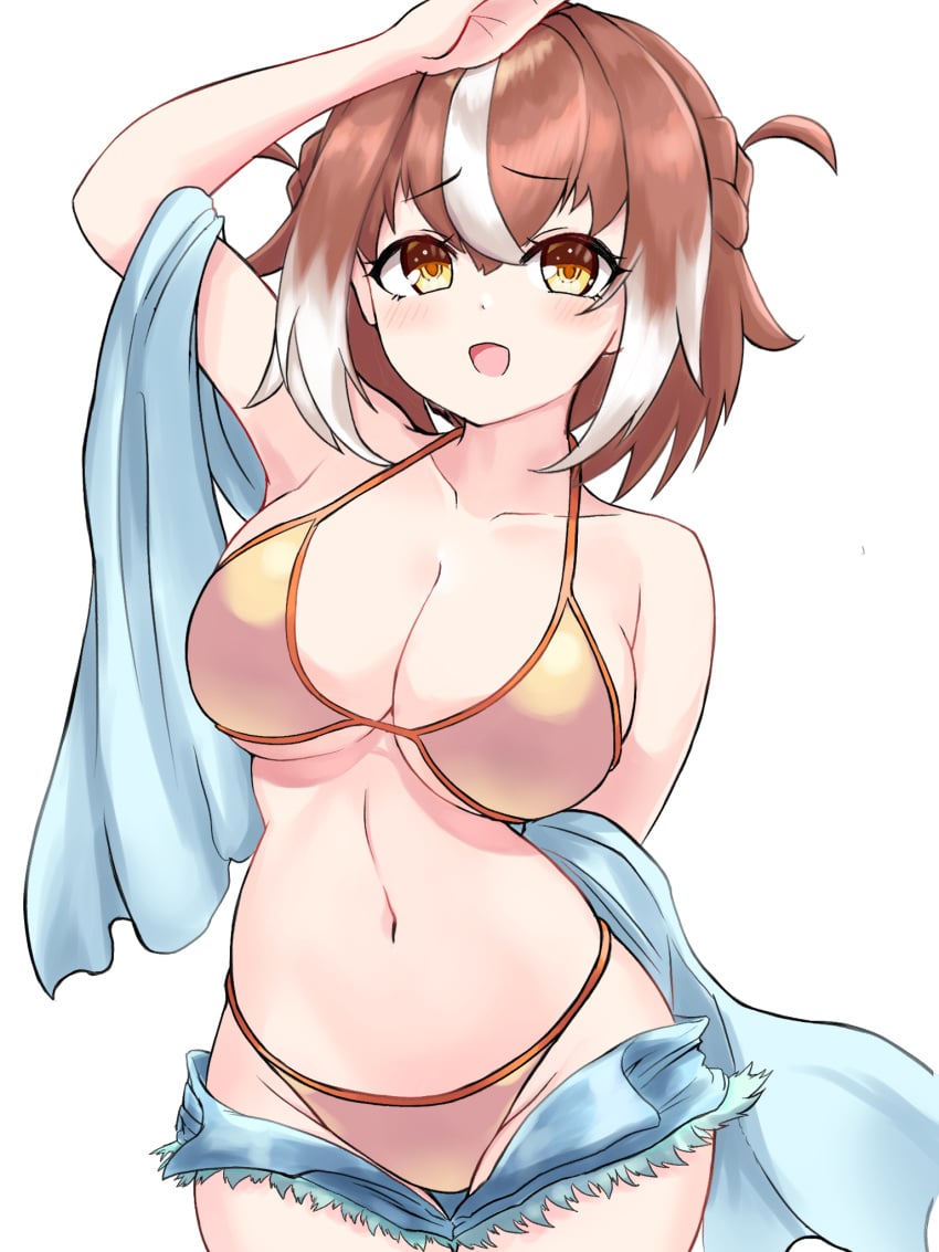 arm_behind_back arm_up bare_shoulders bikini breasts brown_eyes brown_hair cleavage collarbone cowboy_shot denim denim_shorts female furrowed_brow gold_bikini groin hair_between_eyes highres horounendo large_breasts light_blush looking_at_viewer mahjong_fight_girl multicolored_hair navel open_clothes open_mouth open_shorts short_hair shorts shy simple_background smile solo streaked_hair string_bikini swimsuit towel two-tone_hair two_side_up white_background white_hair yawaragi_hiyori
