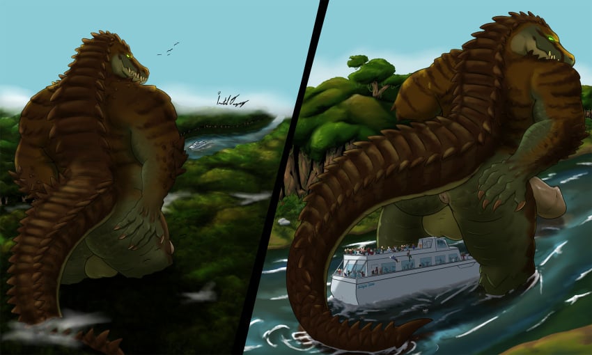 abs anal anthro anus ass balls carnak_(carpo) claws crocodile crocodilian detailed_background erection finger_claws forest genitals green_body green_eyes hi_res humanoid_genitalia humanoid_penis immortal_degeneracy macro male micro micro_human muscular muscular_anthro muscular_male nude outside penile penis plant pyronite(commissioner) reptile river scalie ship sky smile solo tail teeth tree vehicle watercraft