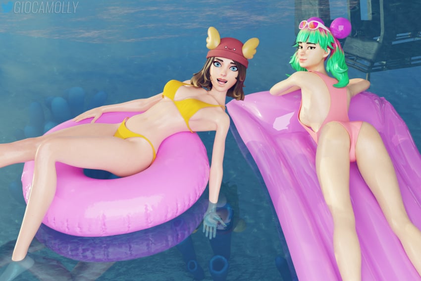 2girls ass beach breasts female fortnite giocamolly oiled_skin outerwear skye_(fortnite) swimsuit tropical_punch_zoey underwear wet_skin zoey_(fortnite)