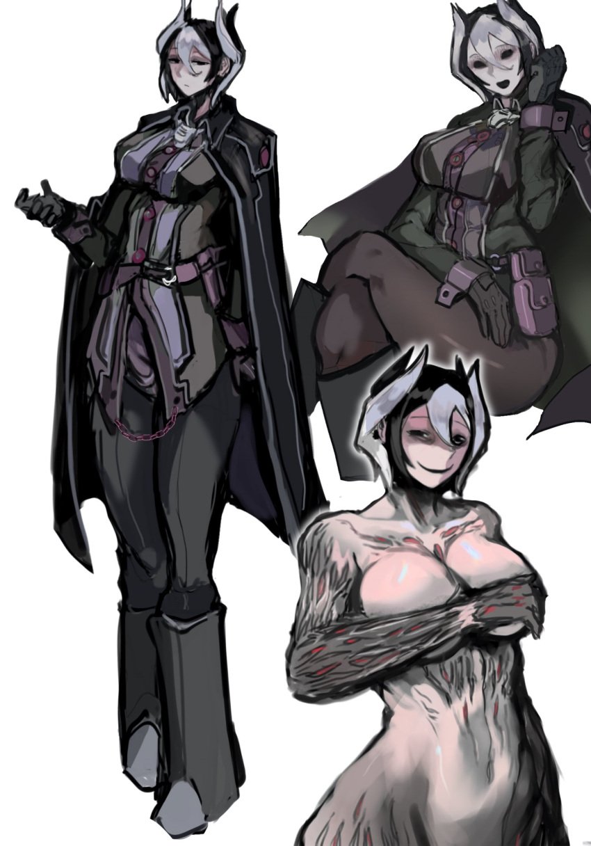 big_breasts black_and_white_hair black_eyes body_markings breast_hold breasts cleavage completely_nude covered_nipples creepy creepy_smile female female_only full_body fully_clothed holding_breasts looking_at_viewer made_in_abyss nude ozen sfour short_hair smile solo standing two_tone_hair wide_hips